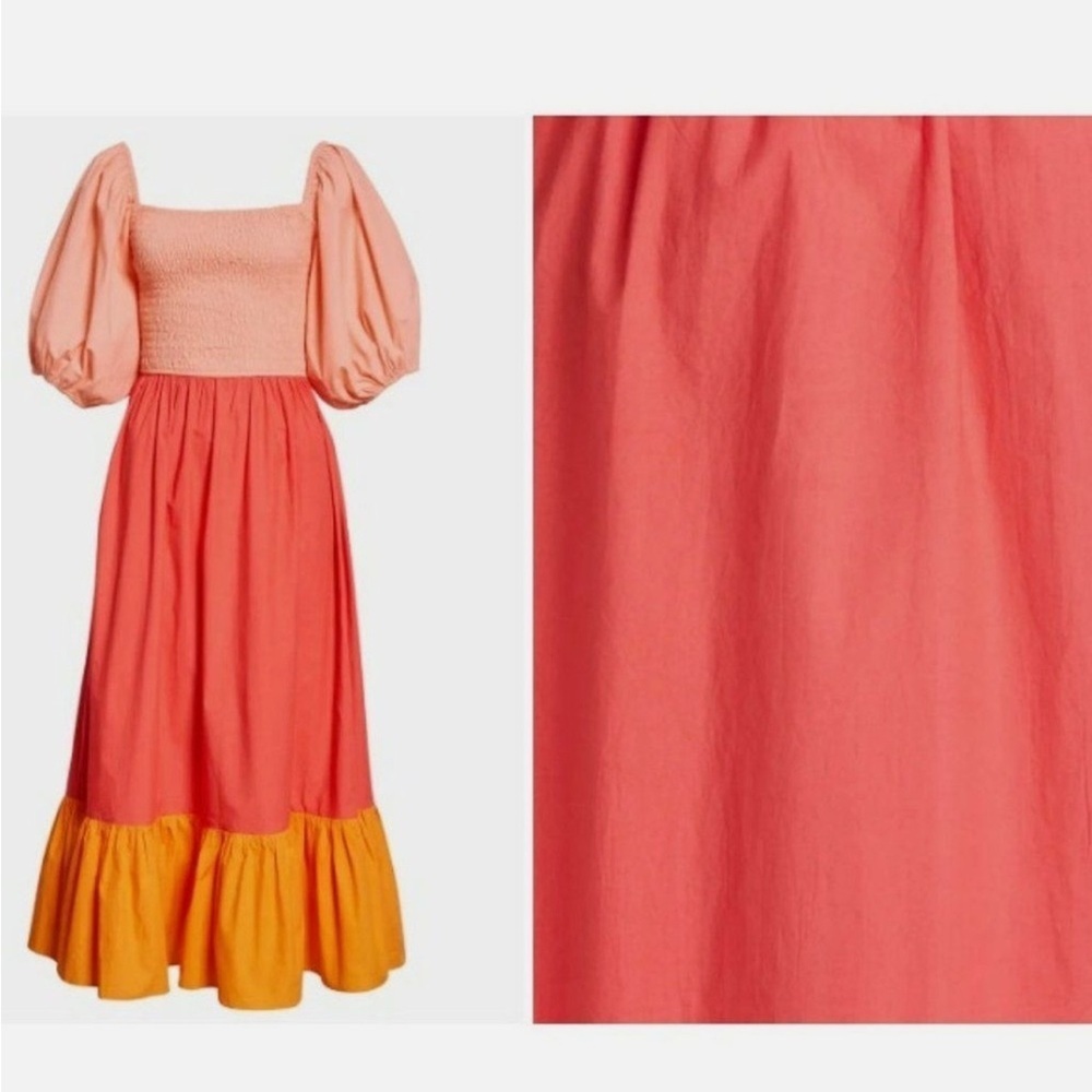 RHODE Eloise Colorblock Smocked Strawberry Multi Midi Dress - Picture 2 of 11